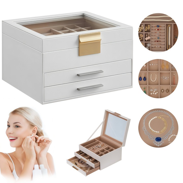 Кутия за бижута, RorAem, Кутия за бижута с ключ, 3 нива, 2 чекмеджета, колиета, гривни, кадифен материал, място за съхранение на пръстени, екокожа, 20 x 23 x 13,5 см, елегантен, изискан и семпъл дизайн, бяла