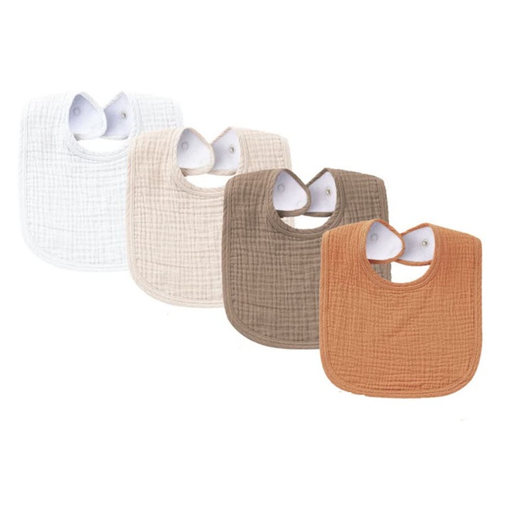 Set 4 bavete bebelusi, Hggzeg, Bavete cu nasturi, Respirabil, Impermeabil, Moale, Usor de uscat, In forma de U, Dimensiune reglabila, 3-36 luni, Pentru hranire bebe, Bumbac, 23*28cm, Alb/Bej/Maro/Portocalie