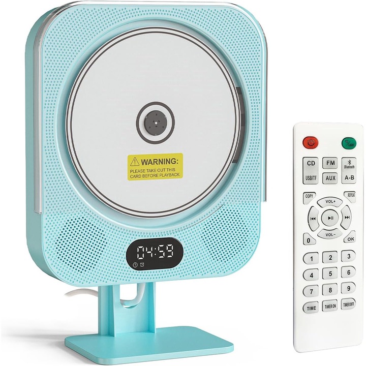 Преносим CD плейър, Hesasa®, Bluetooth, FM радио, USB/TF/AUX, вградени HiFi високоговорители, таймер, дисплей, с дистанционно управление, син