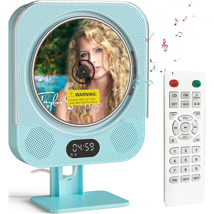 CD player portabil multifunctional, Hesasa®, Bluetooth, Radio FM, USB/TF/AUX, Boxe HiFi integrate, cronometru, display, Cu telecomanda, Albastru