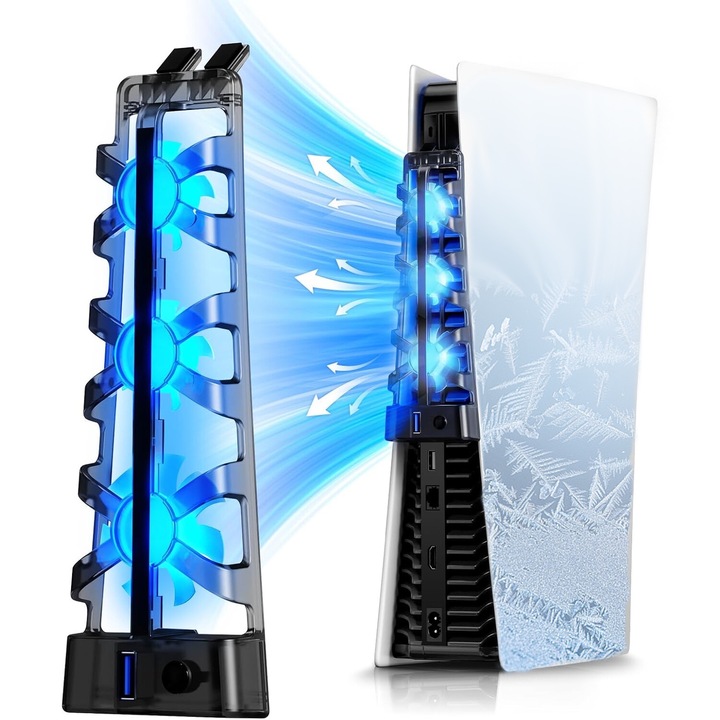 PS5 hűtőventilátor, Puepoul, USB 3.0 port, Három ventilátorral, 5000 RPM, Kék LED, Külső vezérlővel, ABS, Csökkenti a konzol üzemi hőmérsékletét, Könnyen telepíthető, Állítható sebesség, Digitális és lemezes kiadáshoz, Fekete