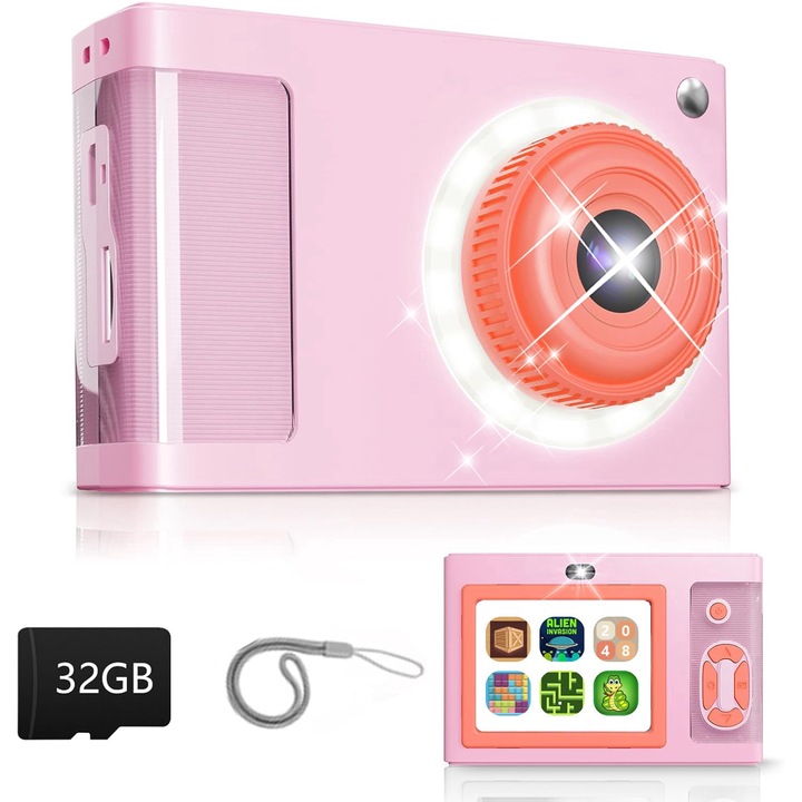 Camera Foto Digitala pentru Copii, Quietzi, Rezolutie 1080P, cu SD 32G si Cititor de Carduri, Filtre, 5 Jocuri, Camera Selfie, Camere Duble, Ecran 2.4 Inch, Zoom Digital 8x, Baterie 600 mAh Reincarcabila, Blitz, Protectie pentru Ochi, Roz