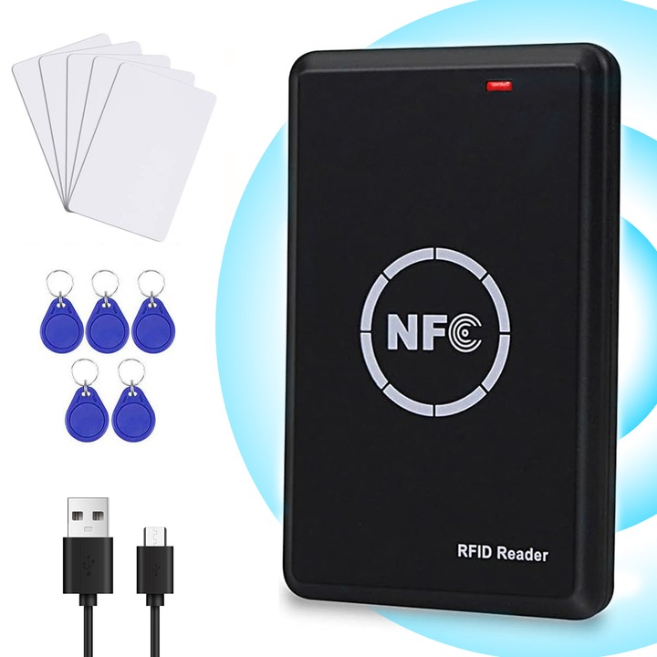 Copiator Carduri Acces NFC, SANSES, 125KHz/13.56MHz, cu 5 Carduri Albe T5577, 5 Chei UID Programabile, 10×6cm, Negru