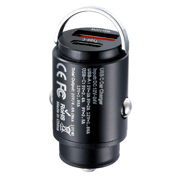 Бързо зарядно за кола 100W, USB и Type-C, компактен дизайн, черно