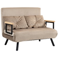 Canapea extensibila HOMCOM 2 locuri cu spatar reglabil pe 5 niveluri, canapea extensibila dubla pliabila cu 2 perne pentru living, din material captusit, otel si lemn, 102x73x81 cm, maro deschis