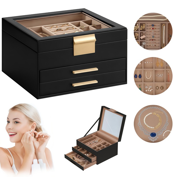 Кутия за бижута, RorAem, Кутия за бижута с ключ, 3 нива, 2 чекмеджета, колиета, гривни, кадифен материал, място за съхранение на пръстени, екокожа, 20 x 23 x 13.5 см, елегантен, изискан и семпъл дизайн, Черна