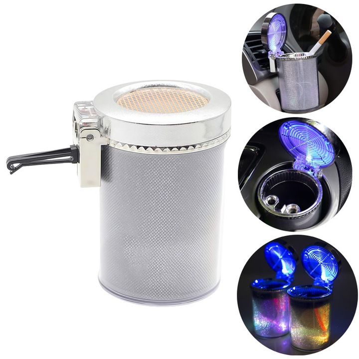 Scrumiera auto cu LED, lumina ambientala colorata, cu suport de evacuare a aerului, poate fi instalata pe grila de ventilatie sau pe suportul de pahar, 10x6 cm, argintie