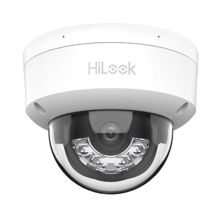Camera supraveghere IP Dome cu iluminare duala Hikvision Hilook Smart Hybrid Light IPC-D180HA-LU, 8 MP, IR/lumina alba 30 m, 2.8 mm, microfon, PoE