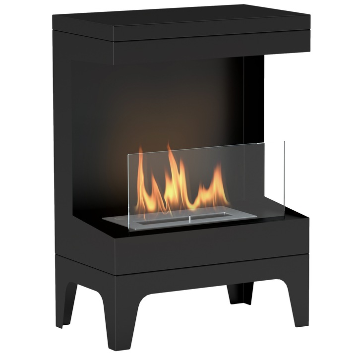 Semineu cu bioetanol, HOMCOM, cu arzator de 0,9 l pentru 3,3 ore de ardere, 20㎡, 38x22x54 cm, negru