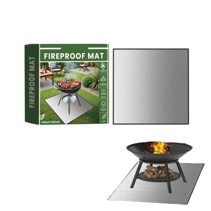 Covoras protectie ignifug pentru gratar si foc de tabara, BOMSTOM, rezistent la temperaturi de pana la 1800°F, ignifug, impermeabil, argintiu, 100x100cm