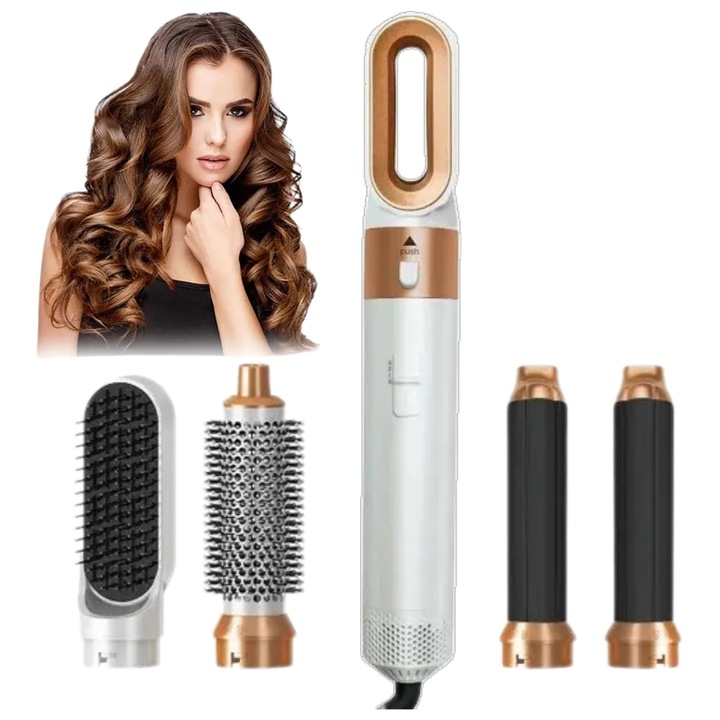 Йонен сешоар, Multistyler 5 в 1, Бързо изсушаване, 1000W мощност, 38 000 RPM мотор, 2 къдрици, Coanda ефект, четка за изправяне, четка за обем, бяла, TSItech@