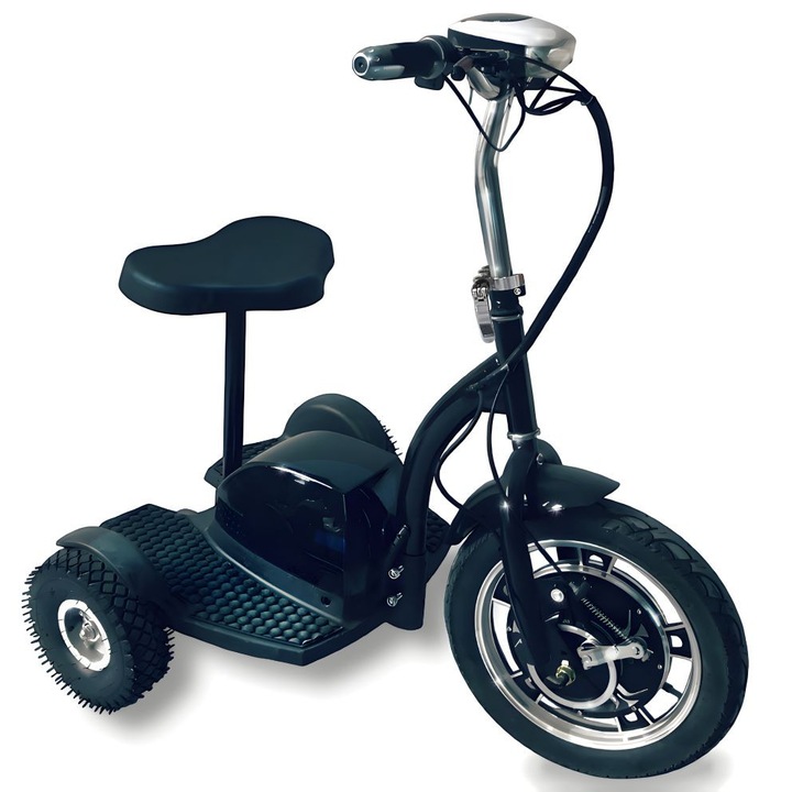 Scuter electric tip tricicleta, Linomag®, Deplasari urbane sau cumparaturi, Scaun detasabil, Cos detasabil, Baterie 36V/12AH, Motor 350W, Frana pe tambur, Ghidon reglabil pe inaltime, Suspensii fata, Viteza maxima 25 km/h, Functie marsarier, Negru