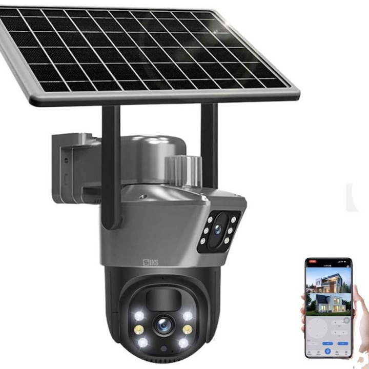 Camera De Supraveghere Video CCTV Dubla WIFI 4G SIKS, Slot Sim, Panou Solar, Tip Doom, 3+3MP, Exterior/Interior, Smart IR, Vizualizare 360 Grade, HD, 3XZoom, Rotire, Leduri, Senzor Miscare, Sirena, Comunicare Bidirectionala, Multiuser, Stocare Card/Cloud