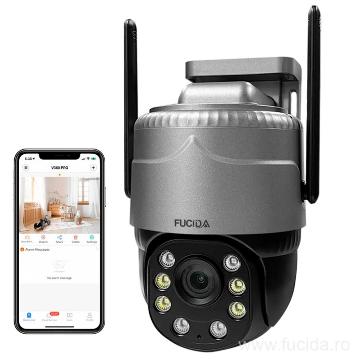 Camera De Supraveghere Exterior UltraClarity Wi-Fi FUCIDA®, Conectare Telefon Full HD 1920x1080 cu Protectie la apa IP66, Full Color Night Vision, Senzor Miscare, Alarma, Microfon si Difuzor