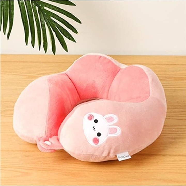 Възглавница за път, за врата и главата, памучен пълнеж, 28x28x10 см, с бродирана шарка на заек, розова