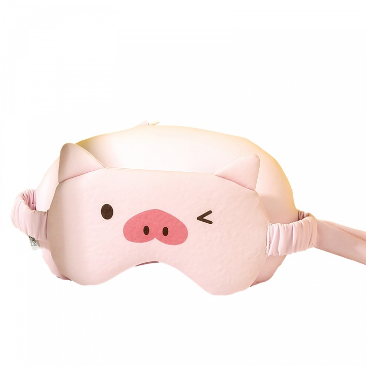Маска за спане, 2 в 1, с подглавник, изработена от частици пяна и памук, шарка на прасе, розова