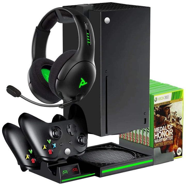 Xbox Series X OnXsmart dokkolóállomás, 2 db 800 mAh újratölthető akkumulátor, gyors kontroller töltés, fejhallgató-támogatás és játéktárhely, 10 lemezes nyílás, OUYLAF, fekete