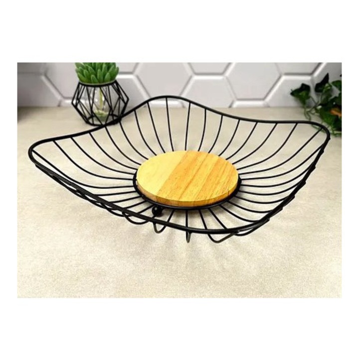 Fructiera metalica, Raylin Home, structura metal cu fund din bambus, negru/natur, model patrat, 28.5 x 28.5 cm