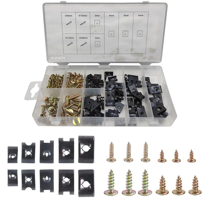 Set mixt 170 buc. clipsuri / cleme auto U-NUT otel inoxidabil pentru fixare ornamente si caroserie MaxTech®, 3-6 mm, Organizate in trusa semi-transparenta