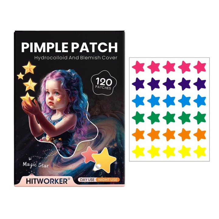 Plasturi pentru acnee, Hitworker, set 120 buc, forma stea, 6 culori, 6-8 ore