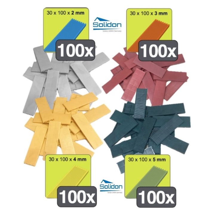 400 db-os készlet, SOLIDON - Prémium műanyag pengék, 30 x 100mm, Romániában gyártott, távtartók, ablakvezetők, szigetelőüveg távtartók, laminált parketta, méretek: 2, 3, 4, 5 mm