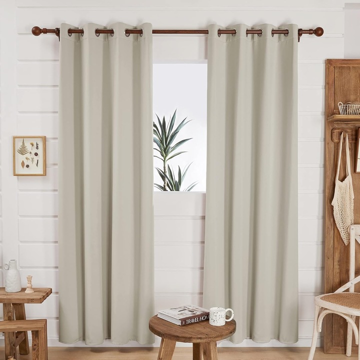 Deconovo hőszigetelő sötétítő függöny, 2db szett, gyűrűs rögzítésű, Világos bézs, 117 x 229 cm