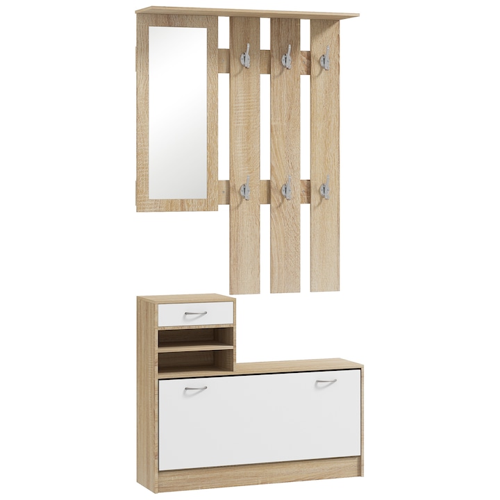 Cuier pentru hol cu suport pentru pantofi si oglinda, HOMCOM, 6 carlige, 2 rafturi reglabile si sertare din lemn, 90x24x177 cm, alb si stejar