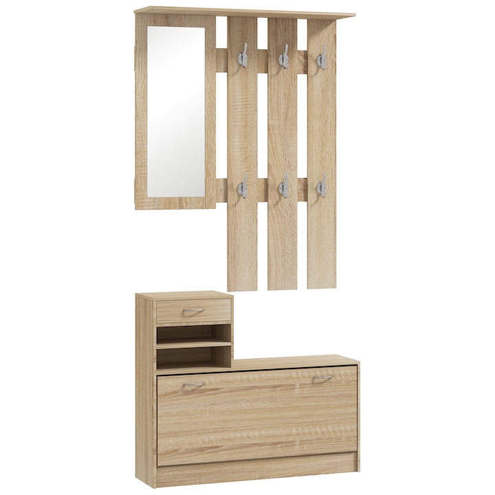 Cuier pentru hol cu suport pentru pantofi si oglinda, HOMCOM, 6 carlige, 2 rafturi reglabile si sertare din lemn, 90x24x177 cm, stejar