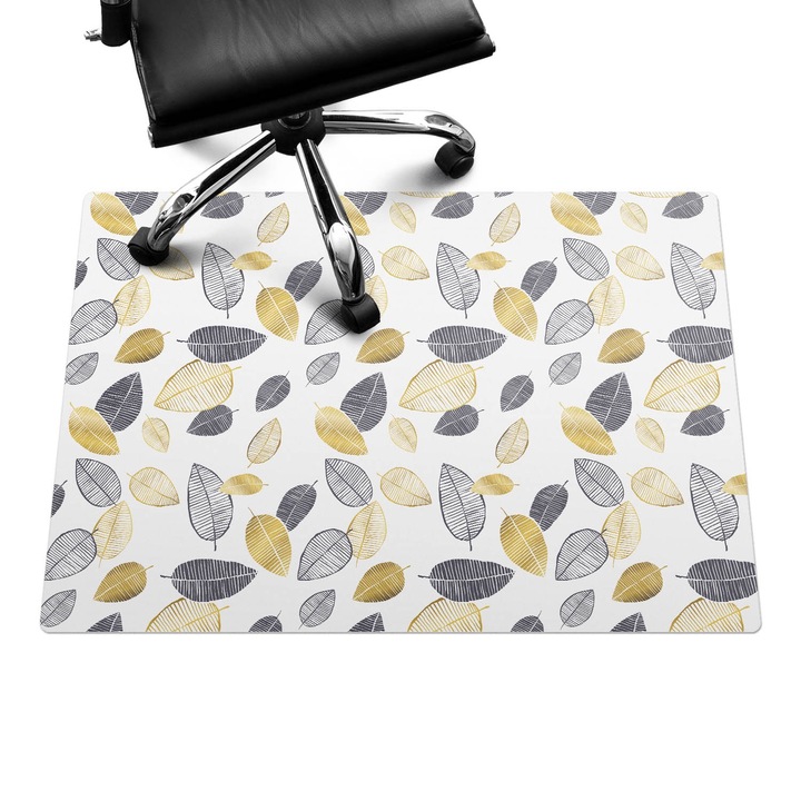 Szék alátét szőnyeg, Wallfluent, Leveles retro mintás, Fekete és fehér, 100x70 cm, 010250310010100033455