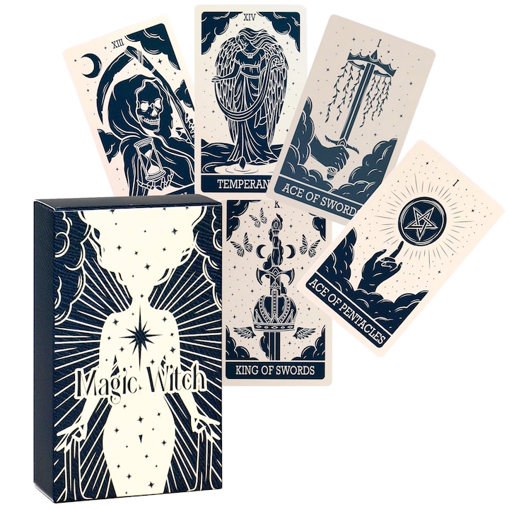 Set 78 carti tarot, model Magic Witch, dimensiune mini si portabil, multicolor, 10x6cm