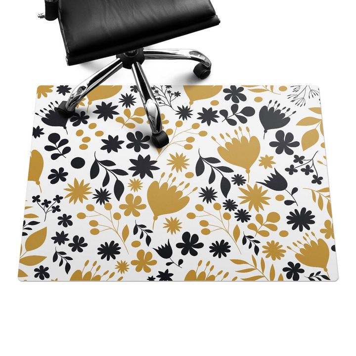 Padlóvédő székalátét, Wallfluent, Retro virágmintás, Fekete és fehér, 100x70 cm, 010250310010100057230