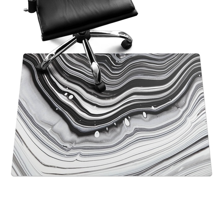 Szék alátét szőnyeg, Wallfluent, Absztrakt hullámok, Fekete és fehér, 100x70 cm, 010250310010100077320