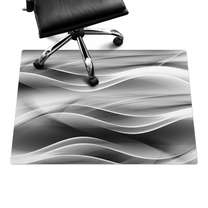 Irodai szék szőnyeg, Wallfluent, Hullámos absztrakciós vonalak, Fekete és fehér, 100x70 cm, 010250310010100077225