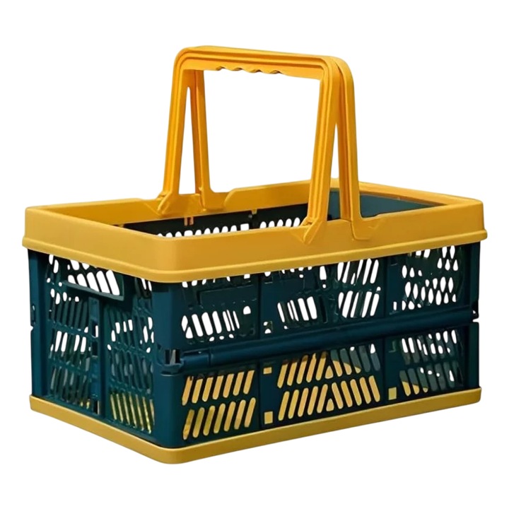 Cos pentru cumparaturi Weikaximu, pliabil, plastic, albastru inchis/galben, 20 x 30, 5 x 27 cm