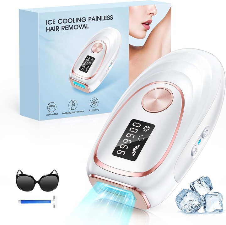 Epilator IPL cu 999.900 impulsuri, 5 niveluri de intensitate, functie racire, mod auto/manual, epliare fara durere pentru femei si barbati
