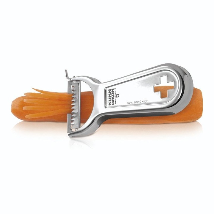 Curatator pentru fructe si legume Kuhn Rikon, Metallic Peeler, Swiss Made, otel inoxidabil, potrivit si pentru ciocolata, maner ergonomic, lavabil in masina de spalat vase, inox