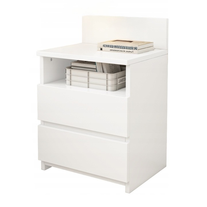 Masuta de pat 2 sertare rafturi alb modern pentru dormitor loft BADU 59CM