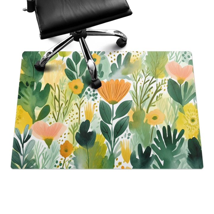 Szék alátét szőnyeg, Wallfluent, Virágos rét akvarellben, Zöld, 100x70 cm, 010250310010100088271