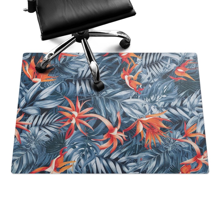 Irodai szék szőnyeg, Wallfluent, Egzotikus levelek és virágok, Kék, 100x70 cm, 010250310010100281978