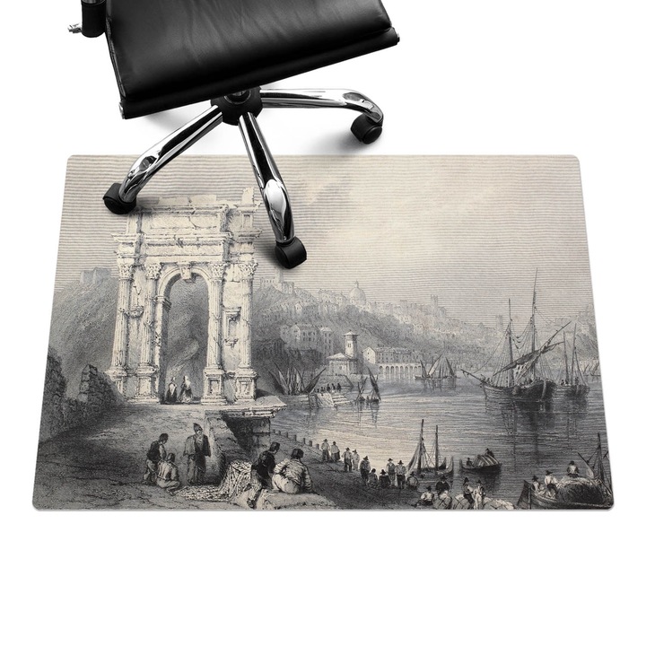 Padlóvédő székalátét, Wallfluent, Ősi kapu és kikötő, Fekete és fehér, 100x70 cm, 010250310010100282715