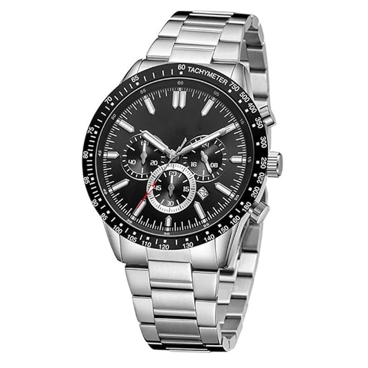 Ceas barbatesc pentru barbati business, Hggzeg, Cronograf, 80g, Luminosi, Impermeabilizare10 m, Rezistent la zgarieturi, Analog, Afisare data, General, Otel inoxidabil, 43 * 22 * 12 mm, Negru/Argintiu