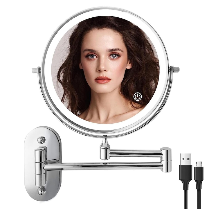 Oglinda baie LED touch, Hggzeg, Oglinda cu prindere in perete, Cu lumina rece, calda si neutra, Circulara, Brat metalic pliabil si rama inox, Cu 2 fete vizualizare normala si amplificare 10X, Montare fara gaurire, 20 x 20cm, Argintie