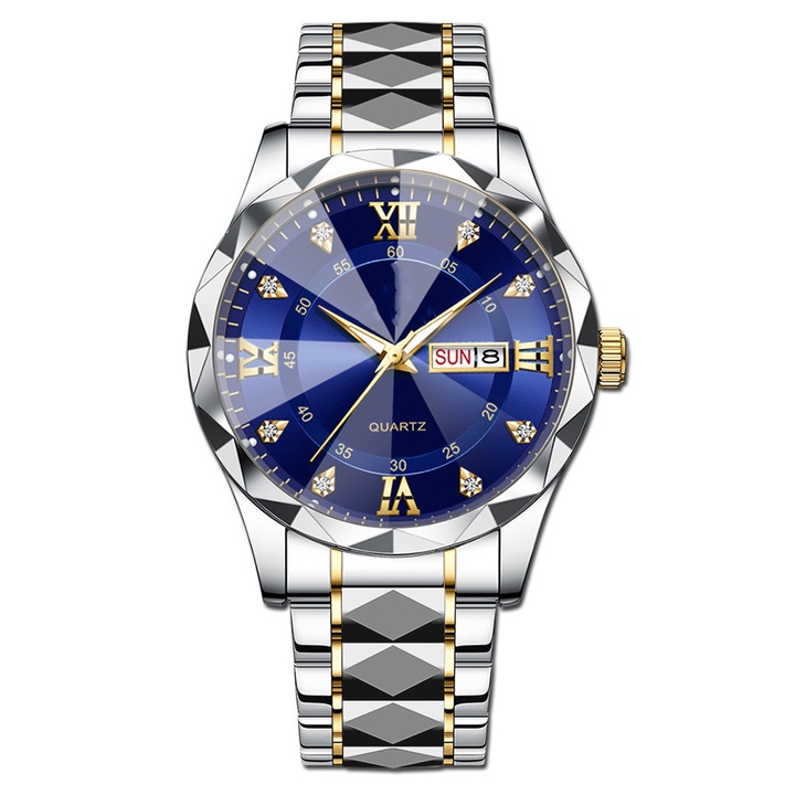 Ceas barbatesc pentru barbati business, Hggzeg, Cronograf, Mecanism cu quartz, 60g, Luminosi, Impermeabilizare 30 m, Reglabil, Design Elegant, Rezistent la zgarieturi, Analog, Afisare data, General, Aliaje, 43 * 21* 12 mm, Albastru