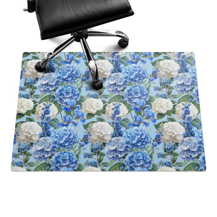 Irodai szék szőnyeg, Wallfluent, Virágos hortenzia minta, Kék, 100x70 cm, 010250310010100282792