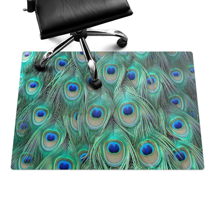 Covoras pentru protectie pardosea, Wallfluent, Model cu pene de paun, Turcoaz, 100x70 cm, 010250310010100282820