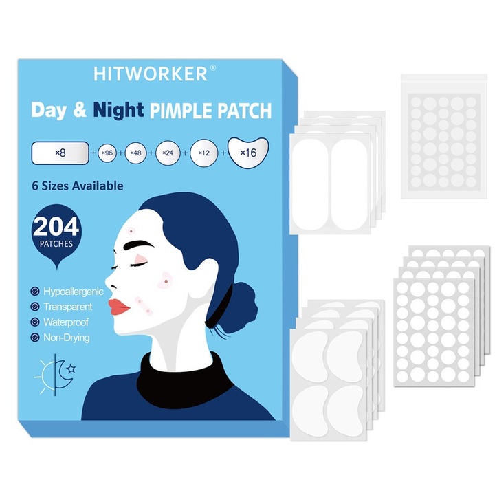 Plasturi pentru acnee, Hitworker, 204 bucati, infuzati cu ulei de arbore de ceai si galbenele, dimensiuni mari, 6-8 ore