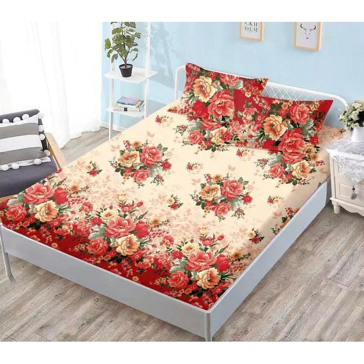 Husa de Pat cu Elastic din Finet, pentru Pat Dublu, 3 Piese, 2 Fete de Perna, Model 7