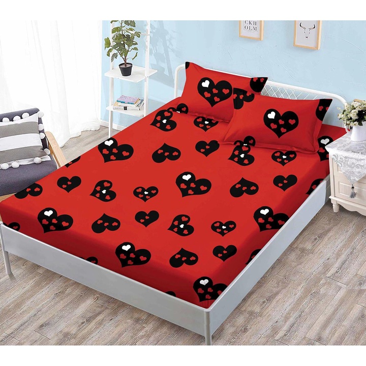 Husa de Pat cu Elastic din Finet, pentru Pat Dublu, 3 Piese, 2 Fete de Perna, Model 11