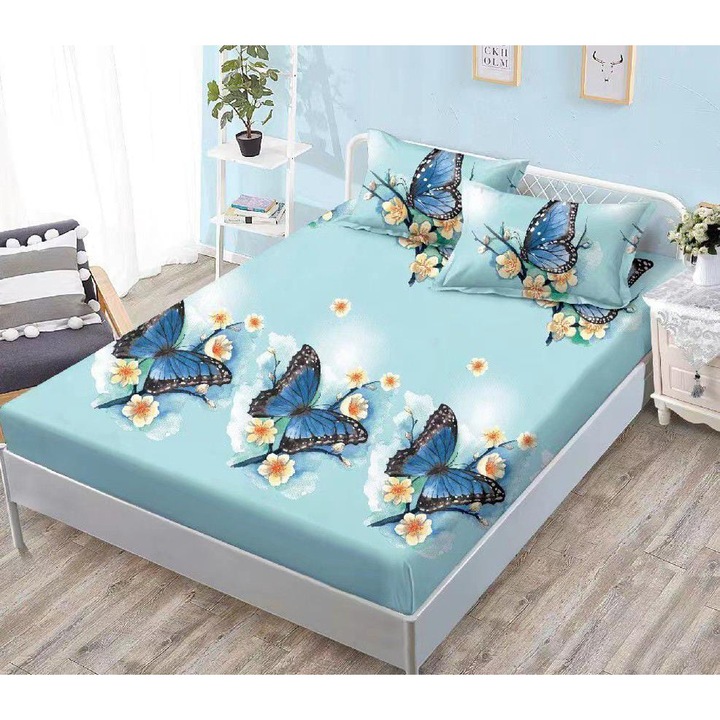 Husa de Pat cu Elastic din Finet, pentru Pat Dublu, 3 Piese, 2 Fete de Perna, Model 12