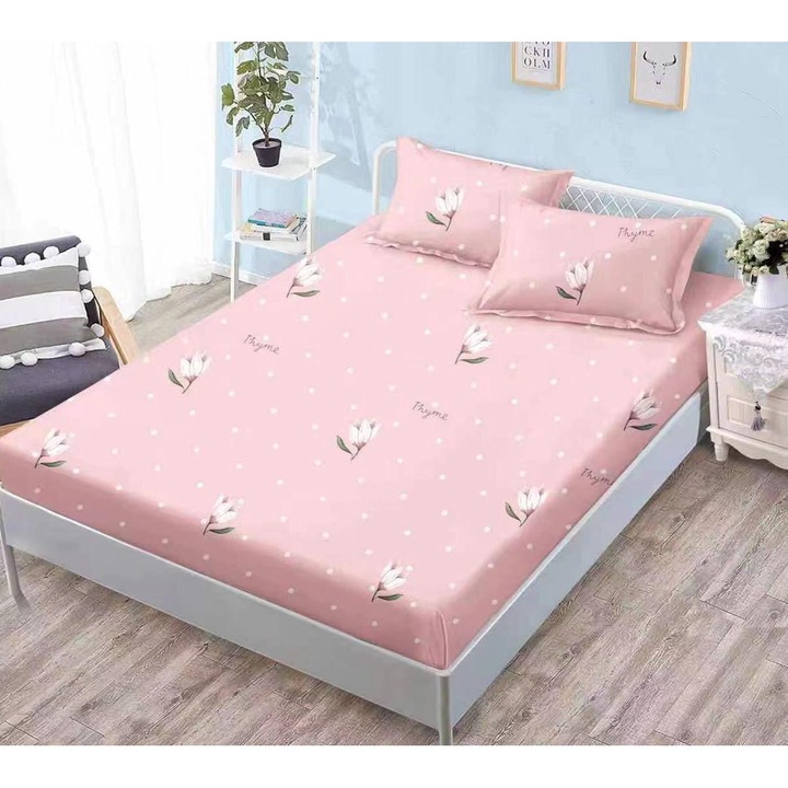 Husa de Pat cu Elastic din Finet, pentru Pat Dublu, 3 Piese, 2 Fete de Perna, Model 13